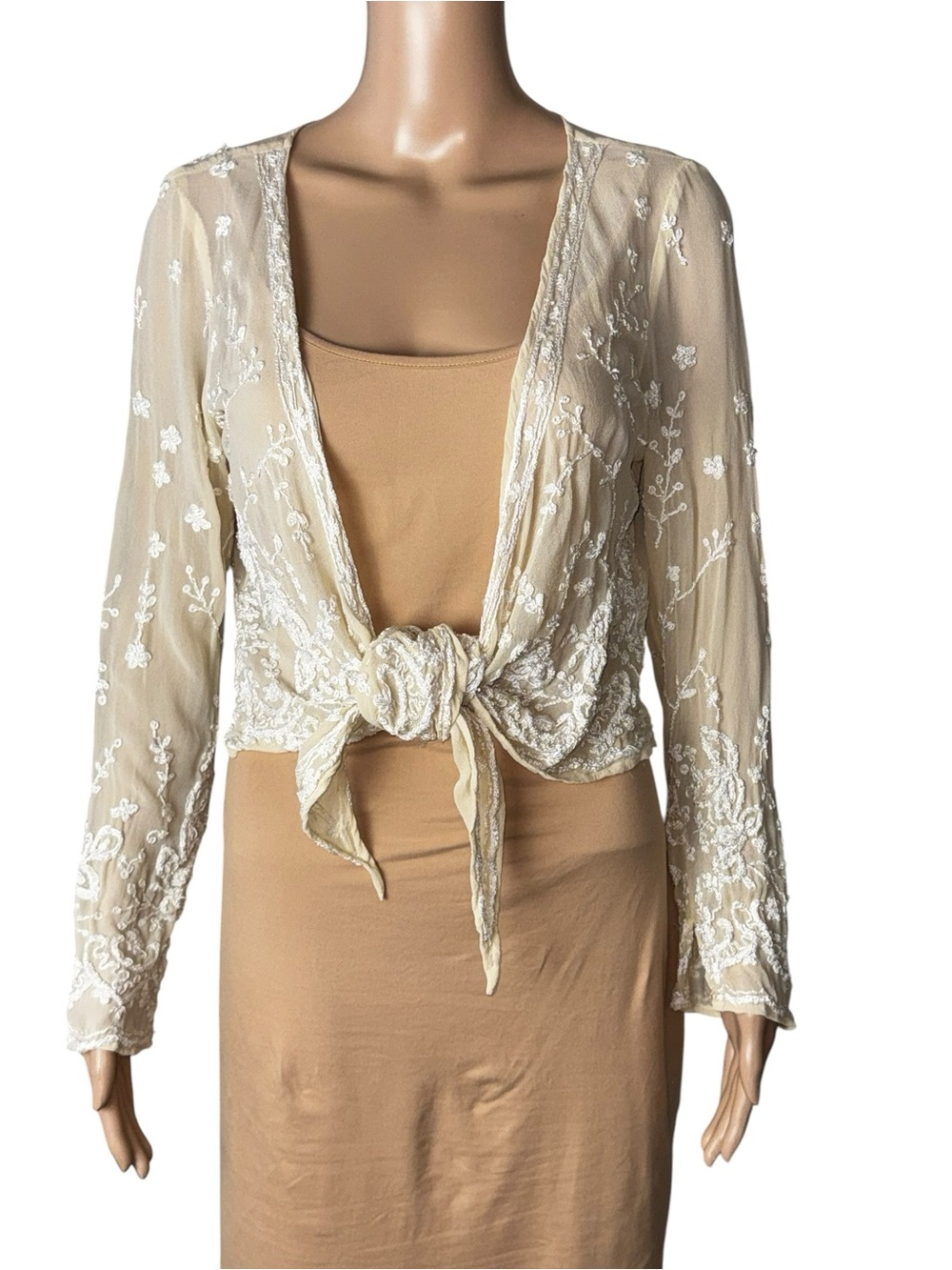 Vintage Karen Kane 100% Silk Embroidered Shrug Cardigan Sheer Boho Lagenlook Y2K - Picture 2 of 11